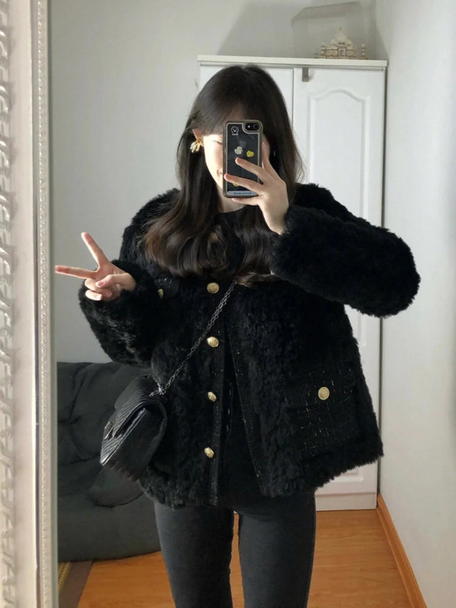 Bla Lamb Fur Jaet Women's 2025 New Winter Korean Sle Petite Ele Lady Cotton Clothes Button Thiened Long Sve
