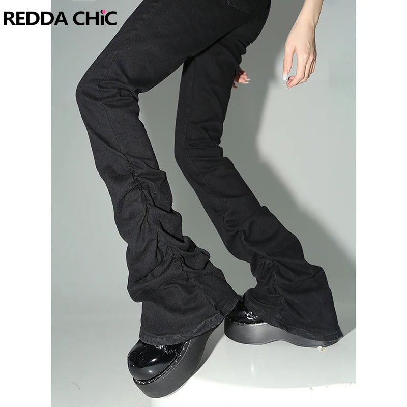 REDDACHiC Stacked Flare Jeans Women Black Trousers Goth Retro Solid Stretch High Rise Boot Cut Pants Japanese Korean Y2k Fashion