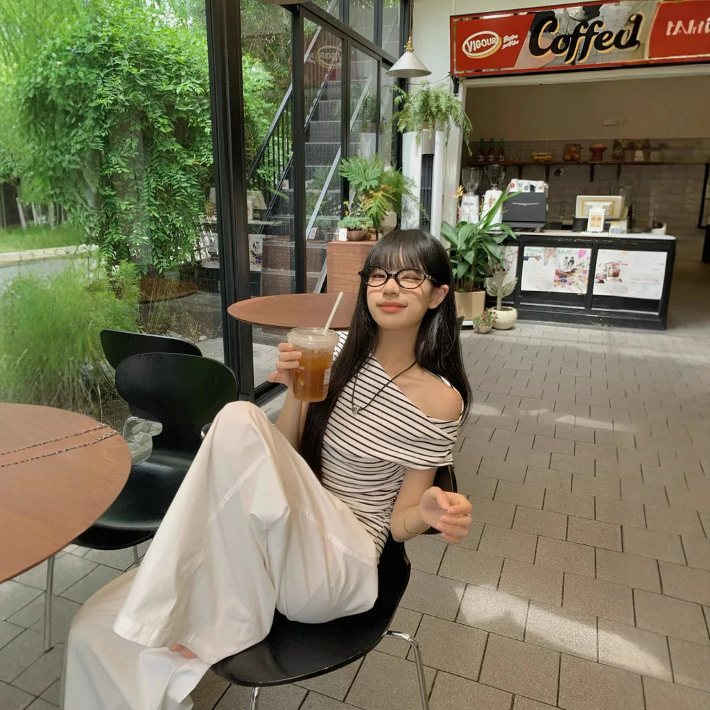 2025 Summer Striped Sexy T-shirt Women Slim Skinny Short Sleeve Y2K Korean Fashion Japanese Tee Shirt Woman Crop Tops Clothes