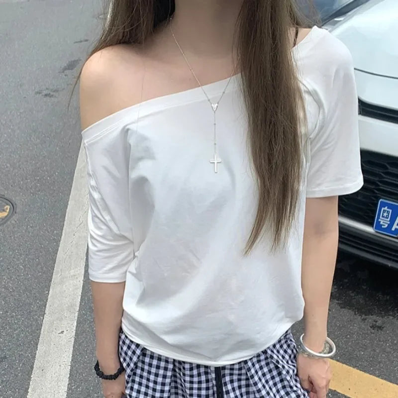 Áo thun nữ trơn đơn giản mùa hè, kiểu dáng thoải mái, tay ngắn, dễ phối đồ, phong cách đường phố Y2K, thời trang thẩm mỹ Ins 