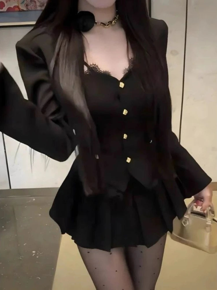 Autumn Sexy Vintage Elegant 3 Piece Sets Woman Lace Design Jacket + Retro Pleated Mini Skirt Female Chic Korean Popular Clothes