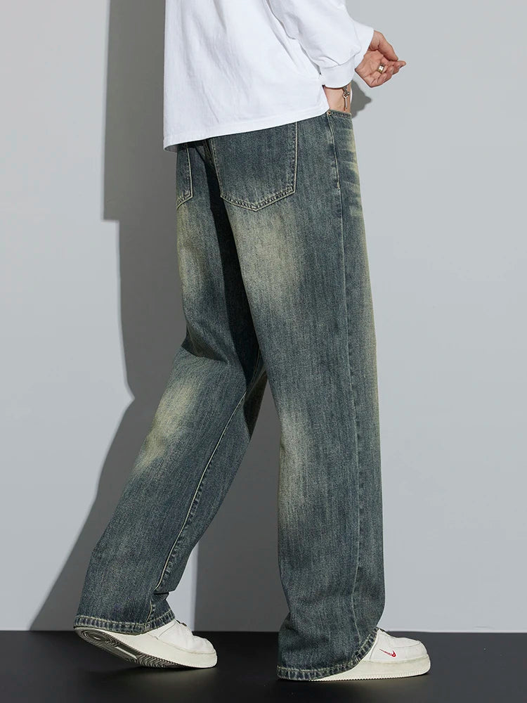 Cotton Baggy Men Wide Leg Jeans Retro Loose Streetwear Fashion Korean Straight Washed Denim Trousers High Quality Brand Clothes