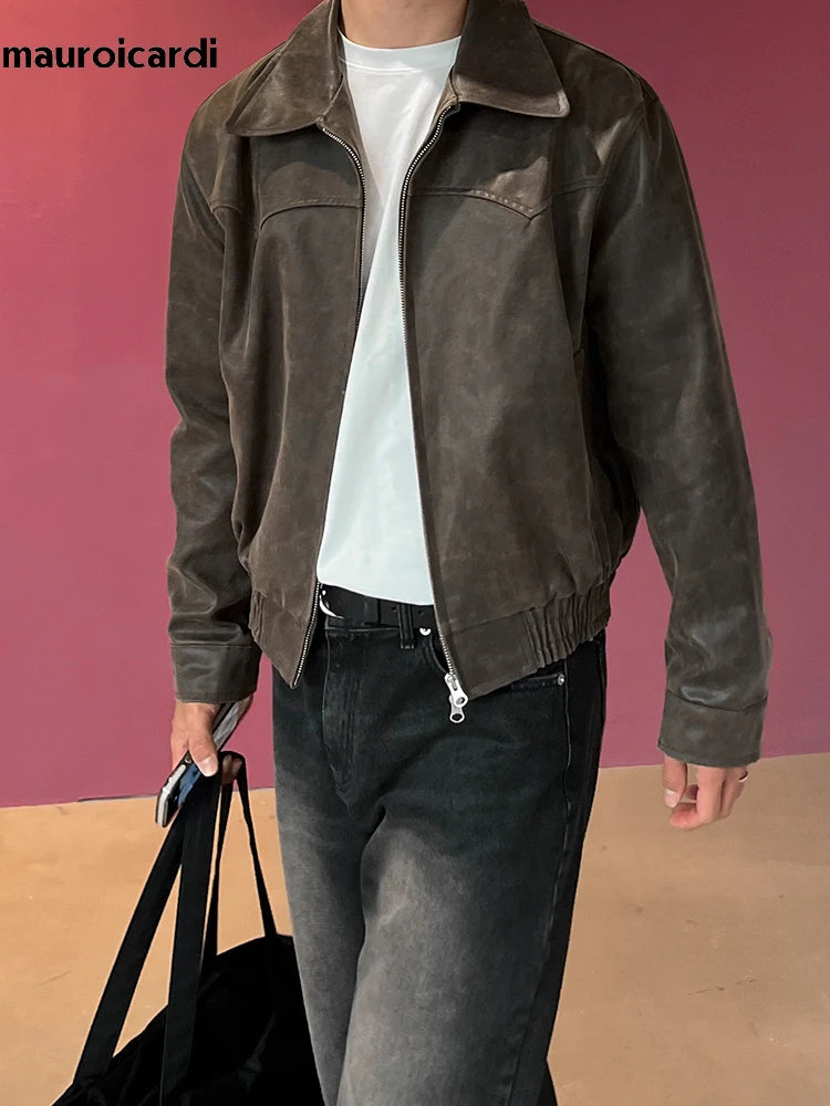 Mauroicardi Spring Autumn Vintage Lightweight Distressed Washed Brown Pu Leather Jacket Men Zipper Casual Korean Fashion Clothes