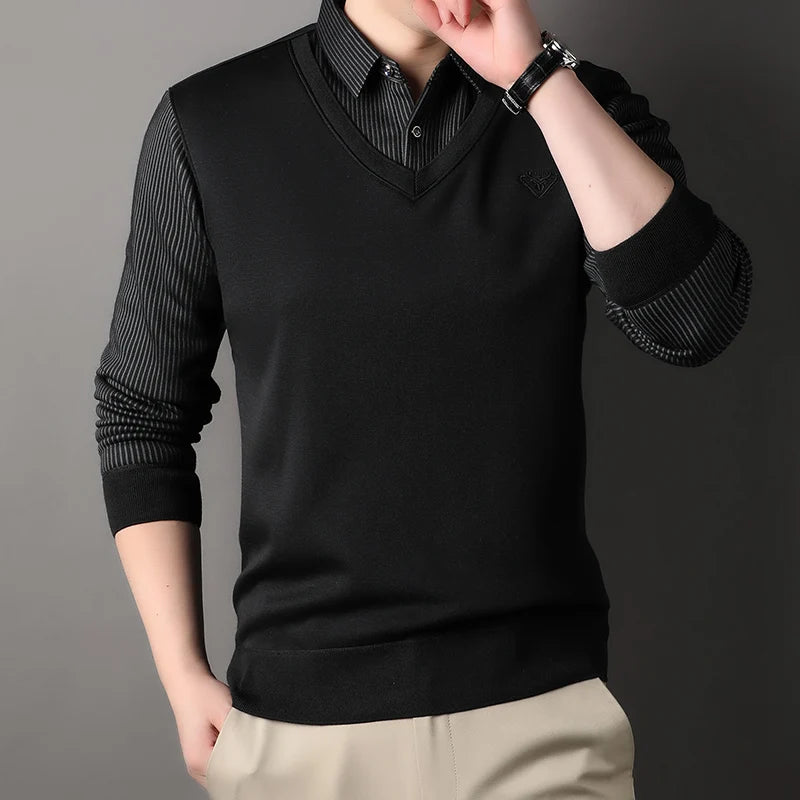 New Autumn Men's Polo Collar Shirts Fashion Knitting Pullovers Striped Thick Polo Shirts Slim Fit Korean Mens Top Clothes