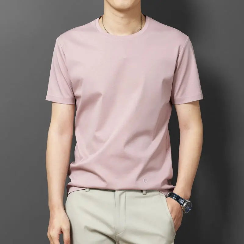 Oversize 5XL Men's Summer Clothes 2023 Ice Silk T-Shirt Soft Loose Short-Sleeve Korean Round Neck Solid Color Base Shirt