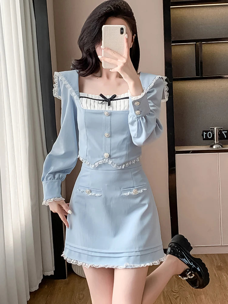Korean Style Women Two-Piece Set Sweet Lace Splicing Slim Crop Tops + Bodycon Mini Skirts Matching Suit Female Clothes
