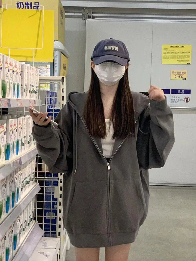 Oversize Women's Sweatshirts Autumn Casual Korean Long Sleeve Hooded Zip-up Y2k Hoodies Streetwear Harajuku Female Clothes Black