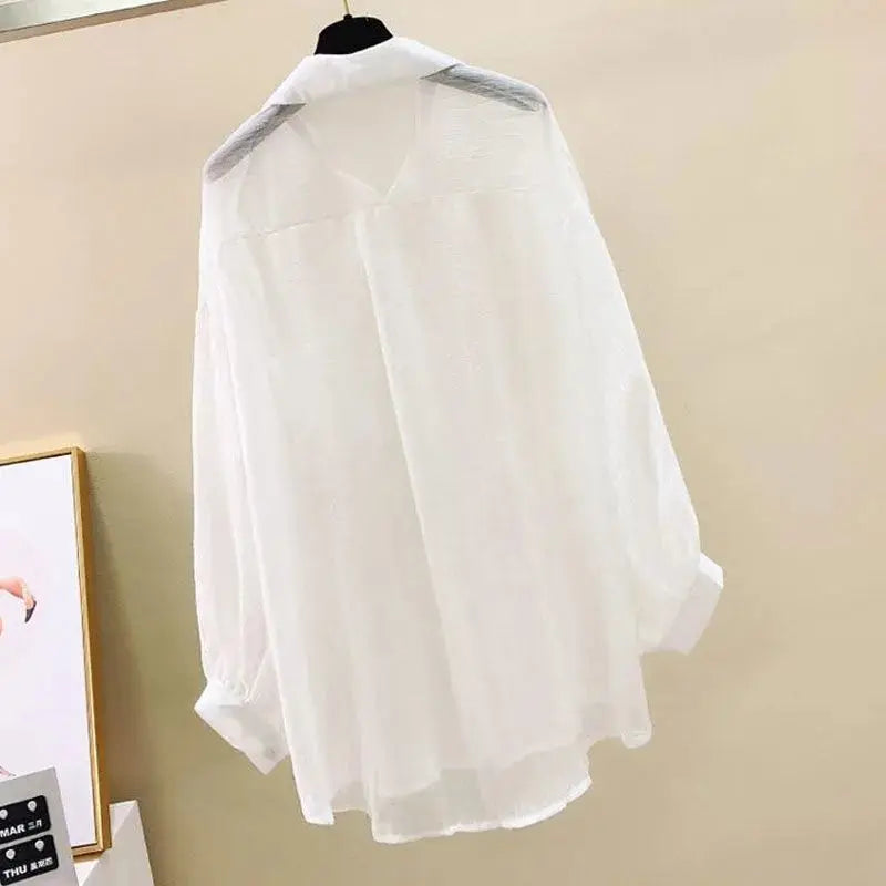 Áo chống nắng cho nữ, áo sơ mi chiffon mỏng xuyên thấu, áo kiểu Harajuku Hàn Quốc rộng rãi, áo khoác cardigan nữ thường ngày. 