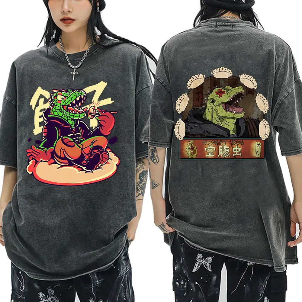 Japanese Anime Dorohedoro Kaiman Vintage Washed T-shirt Men Women Cool Manga Graphic T-shirts Gothic Horror Tee Shirt Oversized