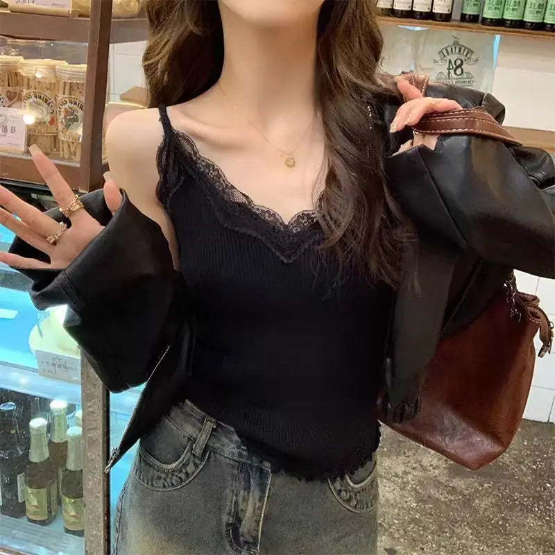 2025 Lace Tank Top Women Cropped Cute Camis Sexy White Tank Tops Female Korean Sleeveless Black Vest Summer Y2k Clothes