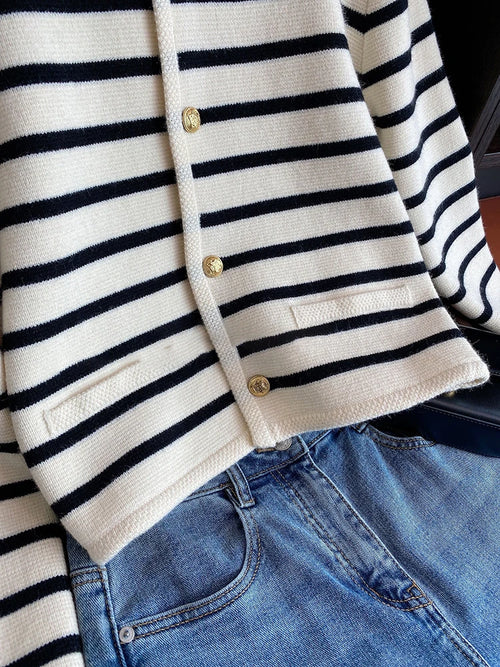 AOSSVIAO New 2025 Women Spring Autumn Sweaters O-neck Stripe Knitted Cardigan Fashion Long Sleeve Casual Short Tops Korean Style