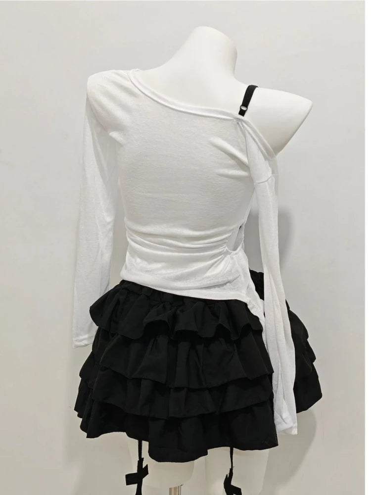 2000s Aesthetic Sweet Retro Women Clothes 2 Piece Set Chic Off Shoulder Tops + Black Fluffy Skirt Korean Popular Outfits Summer