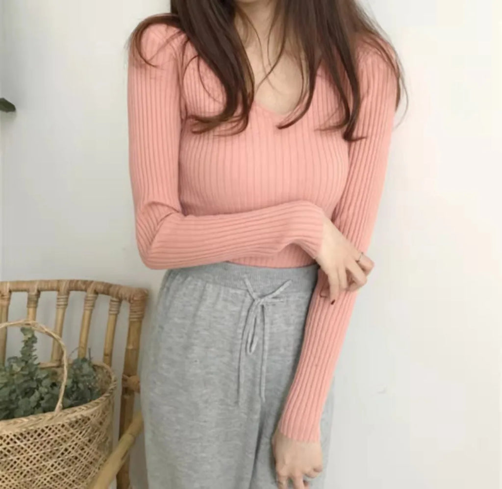 2025 Korean Autumn Winter V Neck Sweater Fashion Casual Long Sleeve Knitted Sweaters Solid Color Slim Pullovers Women Clothes