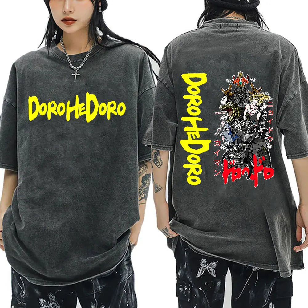 Japanese Anime Dorohedoro Kaiman Vintage Washed T-shirt Men Women Cool Manga Graphic T-shirts Gothic Horror Tee Shirt Oversized