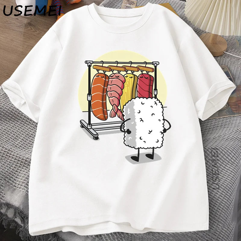 Áo thun Sushi Wardrobe dành cho nữ và nam, áo thun in hình ngộ nghĩnh chất lượng cao, chất liệu cotton, dáng rộng, tay ngắn, in họa tiết, áo nam. 