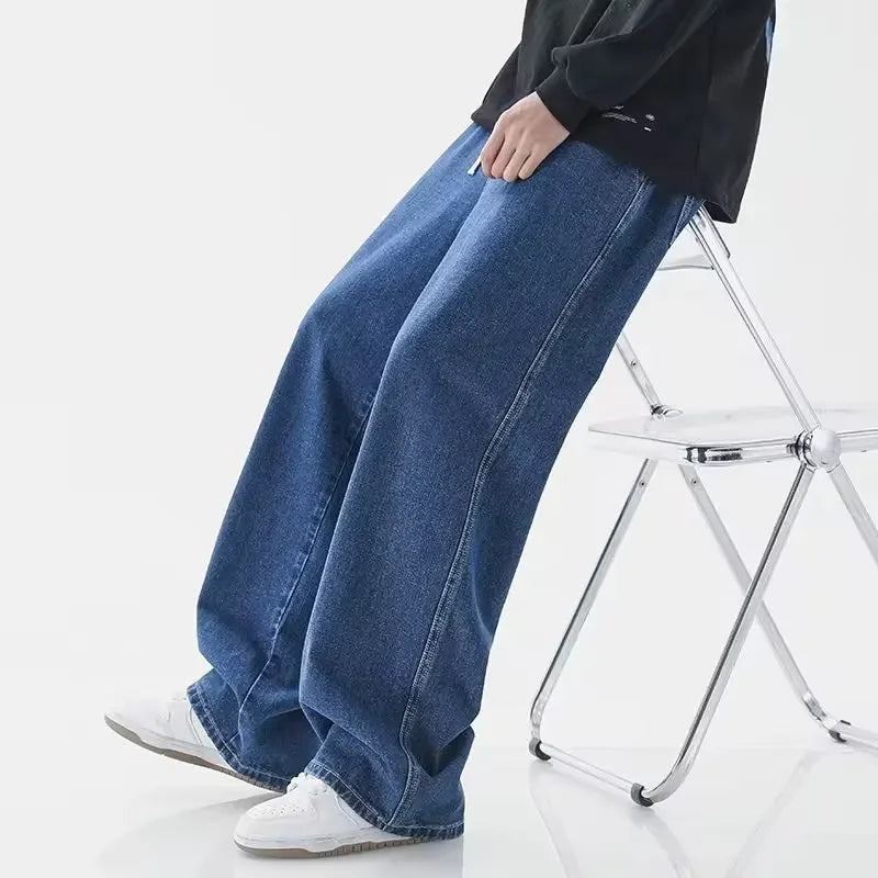 Korean casual solid color versatile men's classic long pants all season straight leg denim wide leg pants light blue gray black
