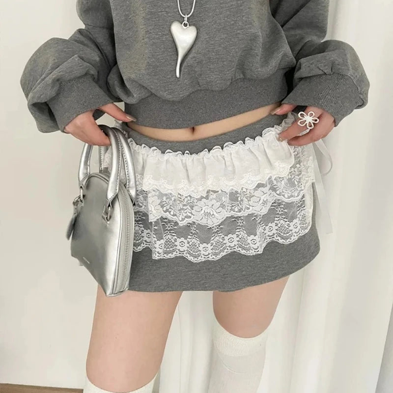 Women Y2K Korean Lace Mini Layered Skirt Streetwear Lace Up Ruffles Harajuku High Waist Pleated Ladies Jupe Skirts Clothes
