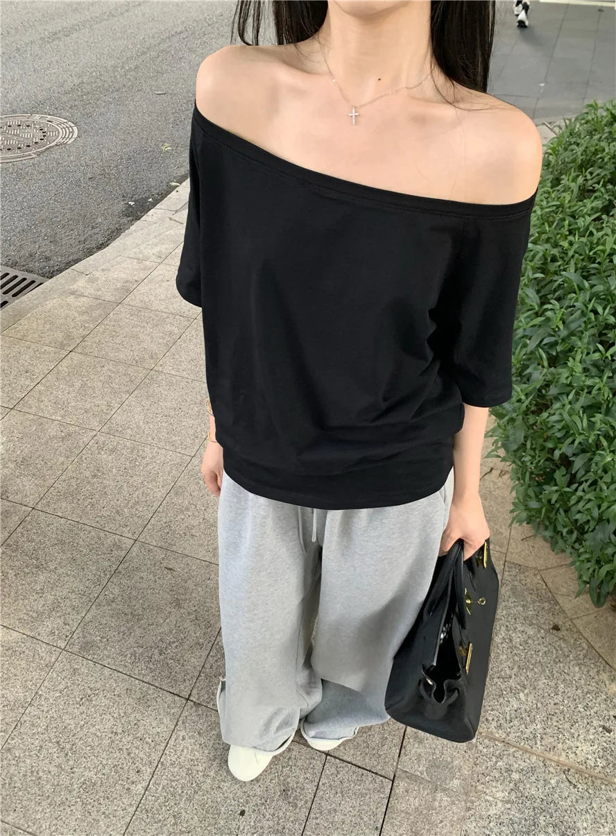 2025 Summer Off Shoulder T-shirt Women Sexy Y2K Korean Fashion Crop Tops Woman Vintage Japanese White Tee Shirt Femme Clothes