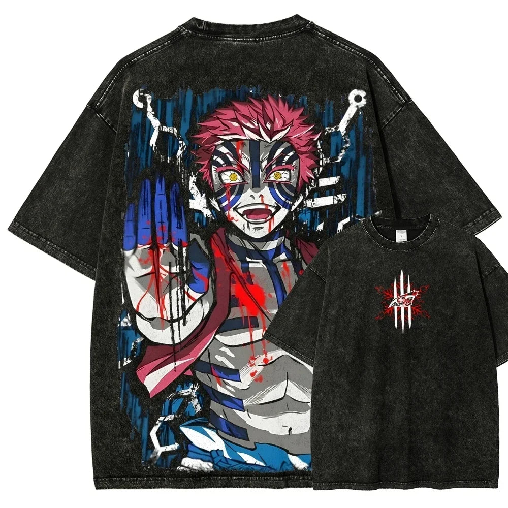 25 New Popular Anime Hit Show Washed Vintage Akaza T-shirt Manga Graphic Men's Clothing Cotton Oversized Short Sleeve Tees Tops