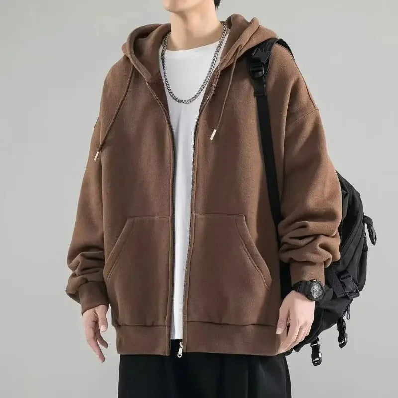 Male Clothes Black Solid Sweatshirt For Men Full Zip Up Hooded Hoodies Winter Young On Sale Offers High Quality Korean Style S