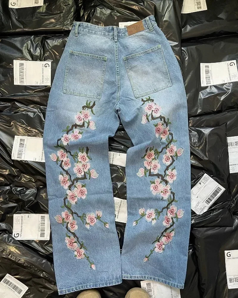 Hip Hop Cherry Blossom Embroidered Jeans Vintage Low Waist Wide Leg Trousers Y2K Clothes Mens Womes Embroidered Baggy Jeans