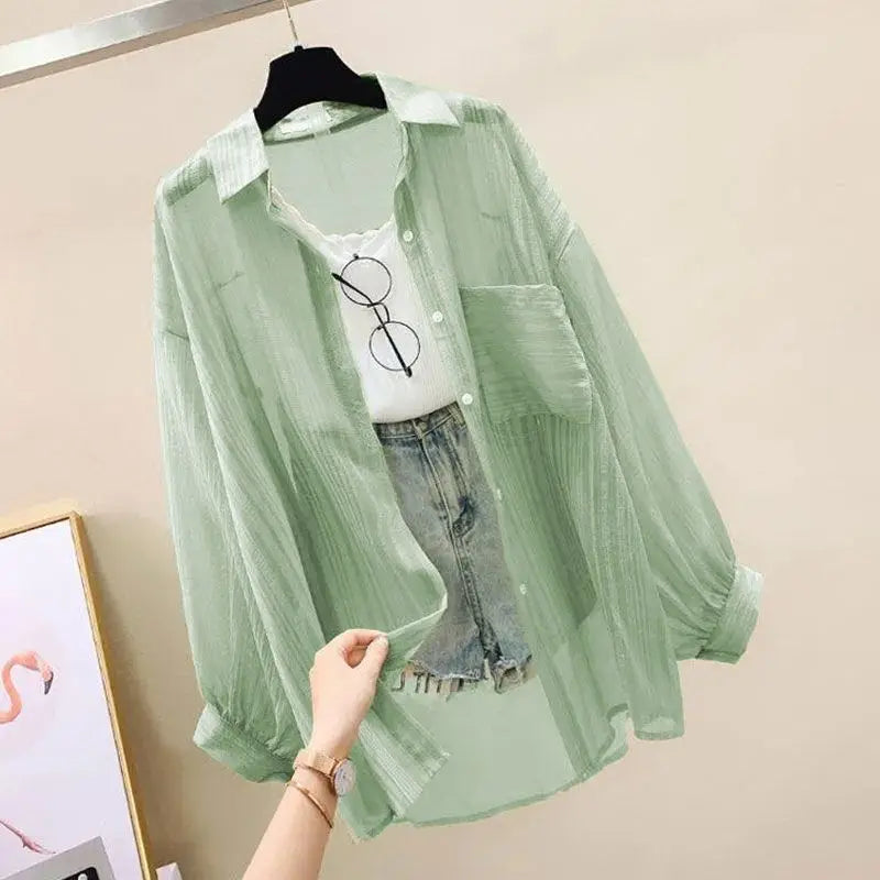Sunscreen clothing for women, thin cut perspective chiffon shirt, Korean Harajuku loose top, casual women's cardigan top