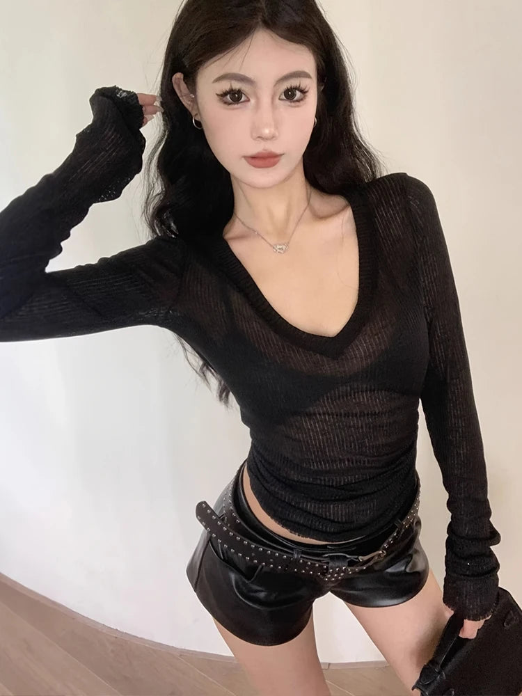 NUOMICI Sexy Gray Long-sleeve T-shirt Women V-neck Slightly Transparent Slim Fit Black Women's Top Korean Popular Clothes Chic