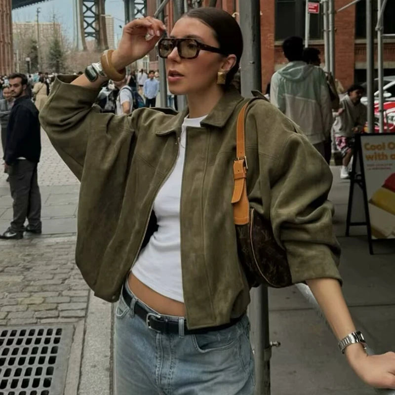 TFMLN Autumn Winter Women Suede Jacket Coat 2025 New Fashion Long Sleeve Zipper Loose Bomber Coat Chic Lady Casual Streetwear