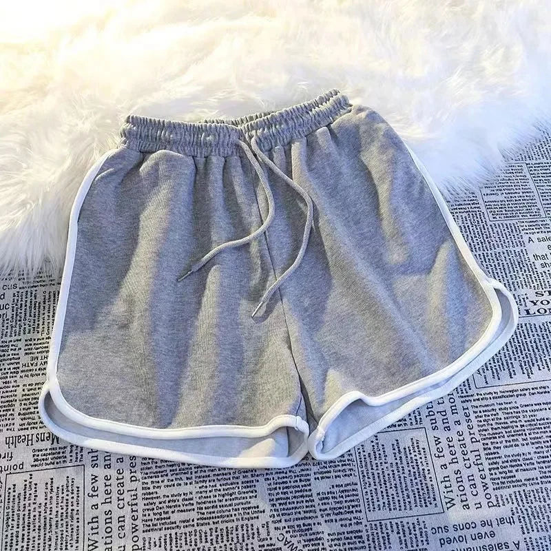 Quần short thể thao kẻ sọc dành cho nữ, kiểu dáng Hàn Quốc, quần short ngắn casual, quần short mùa hè đơn giản, dáng rộng, ống rộng, hàng mới cho nữ. 