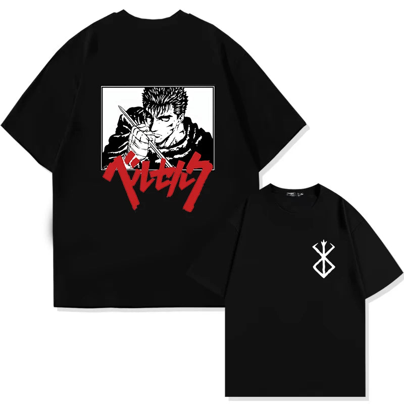 Japan Anime Berserk T-Shirt Guts Print Graphic Tee Men's 90s Summer Short Sleeve Casual Manga Dark Fantasy Black Swordsman Style