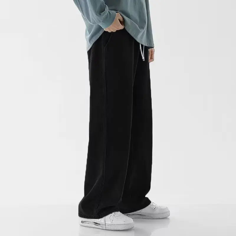 Korean casual solid color versatile men's classic long pants all season straight leg denim wide leg pants light blue gray black