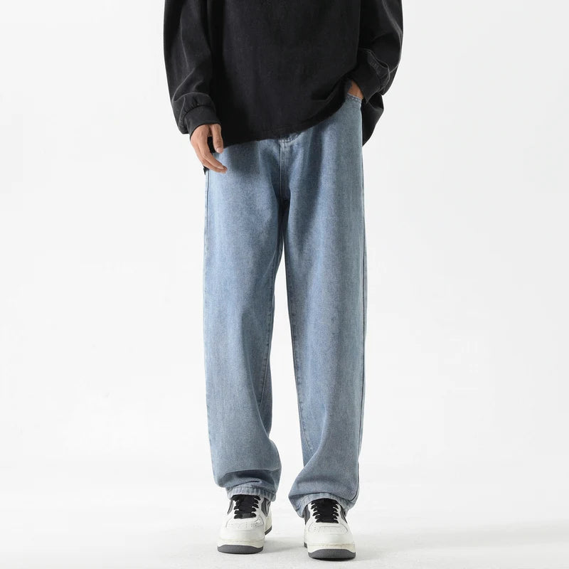 Korean Solid Colors Men's Casual Long Jeans Classic Man Four Seasons Straight Denim Wide-leg Pants Light Blue Grey Black 3XL
