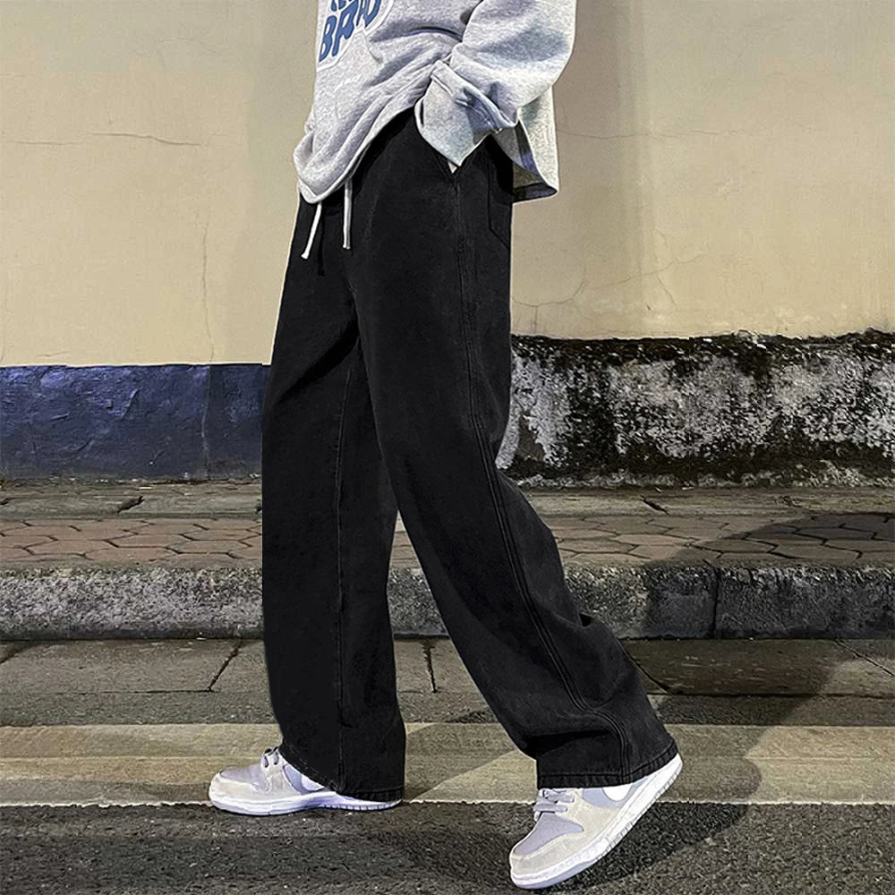 Fashion Men's Solid Color Drape Jeans Loose Straight Korean Vintage High Street Hip-hop Y2K Casual Daily Dragging Wide-leg Pants
