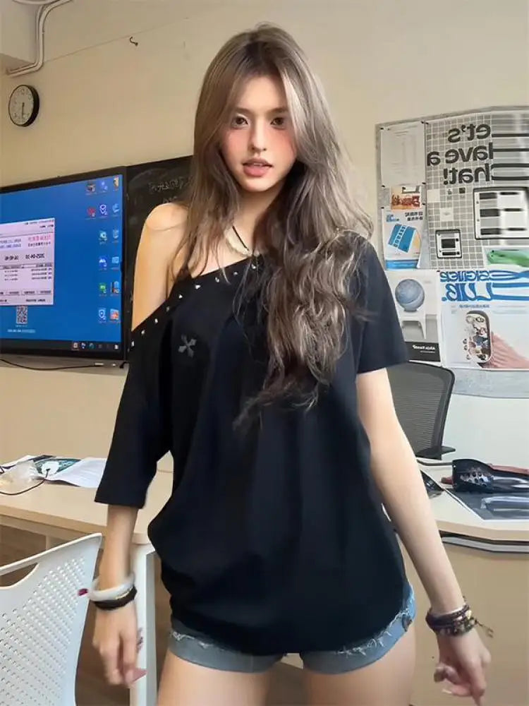Tawaaiw American Retro T Shirt Women Clothes Short Sleeve Korean Fashion Off Shoulder 2000s Clothes Y2k Tees Female Clothing