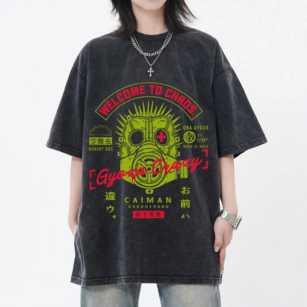 Japanese Anime Dorohedoro Kaiman Vintage Washed T-shirt Men Women Cool Manga Graphic T-shirts Gothic Horror Tee Shirt Oversized