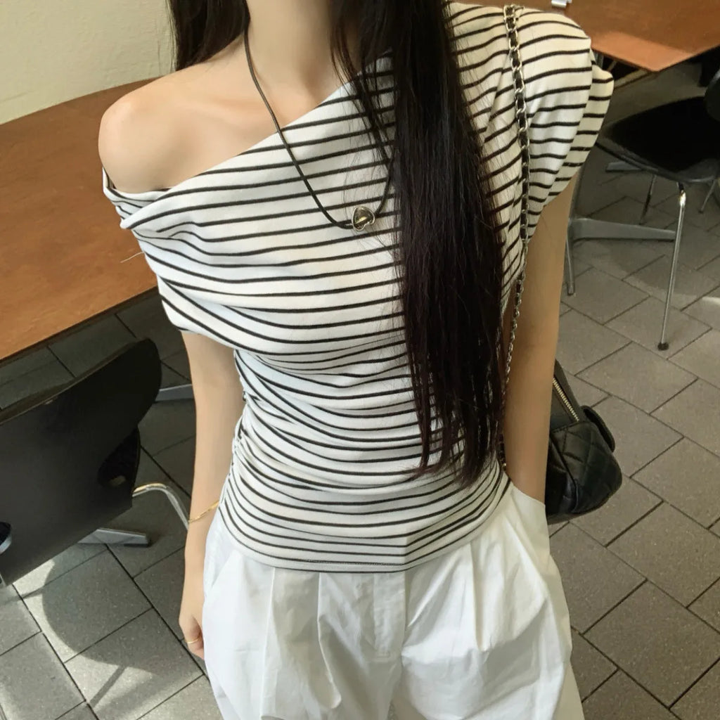 2025 Summer Striped Sexy T-shirt Women Slim Skinny Short Sleeve Y2K Korean Fashion Japanese Tee Shirt Woman Crop Tops Clothes