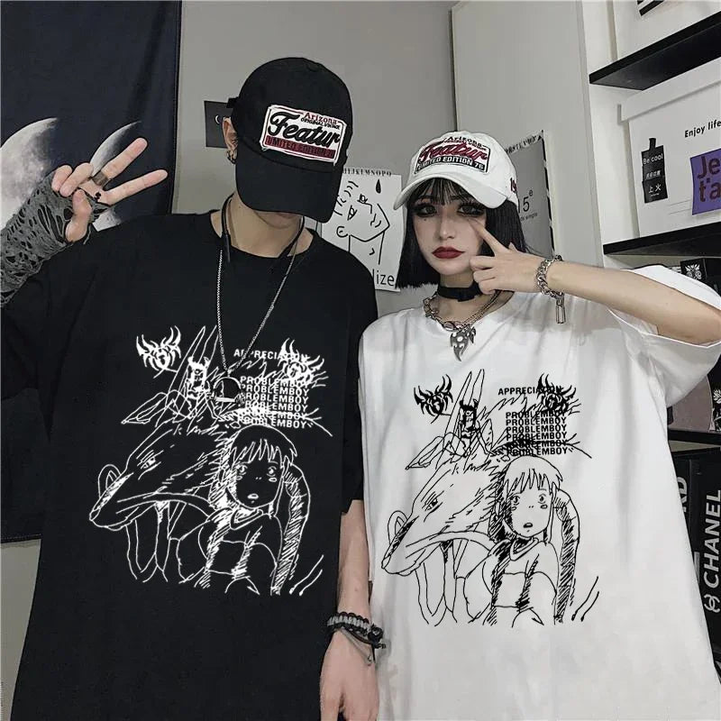Women's T-shirt Harajuku Y2K Top Oversized T Shirt Retro Korean Style Black Demon Punk Gothic Anime Print Clothes Streetwear