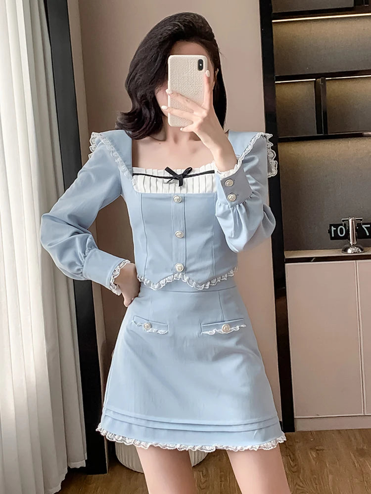 Korean Style Women Two-Piece Set Sweet Lace Splicing Slim Crop Tops + Bodycon Mini Skirts Matching Suit Female Clothes