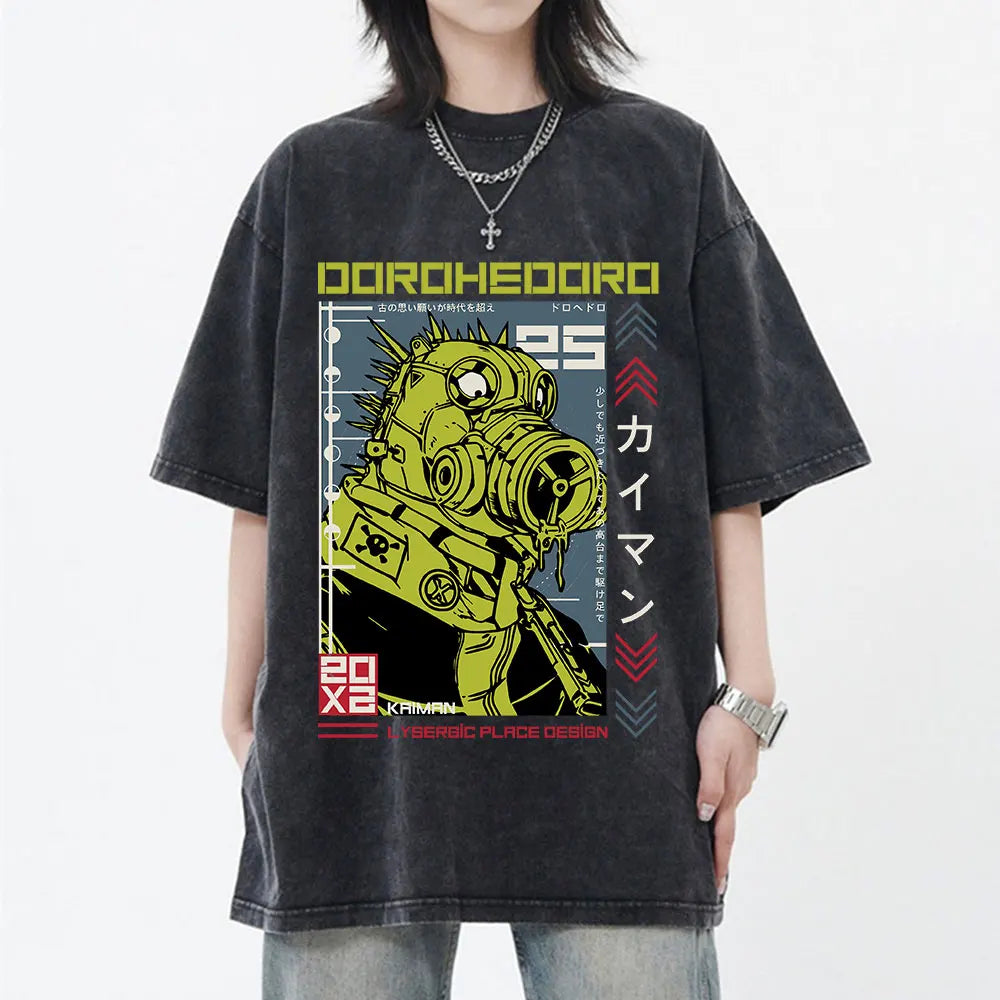 Japanese Anime Dorohedoro Kaiman Vintage Washed T-shirt Men Women Cool Manga Graphic T-shirts Gothic Horror Tee Shirt Oversized