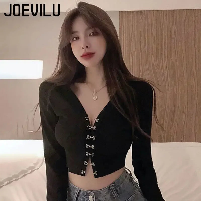 JOEVILU Chic Crop Tops Sexy V-neck Knitted Cardigan Spring and Autumn Long Sleeve T-shirt Women's Korean Y2k Top Gothic Clothes