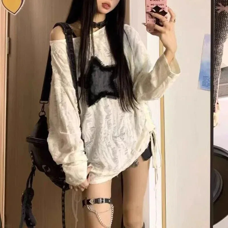 Y2K Hole Star Print T-Shirt Women Fashion Streetwear Off Shoulder Tops Summer Oversized Kpop Long Sleeve Loose Tees Ladies New