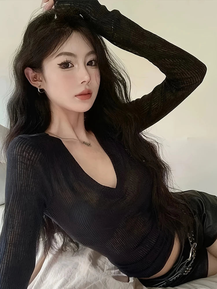 NUOMICI Sexy Gray Long-sleeve T-shirt Women V-neck Slightly Transparent Slim Fit Black Women's Top Korean Popular Clothes Chic