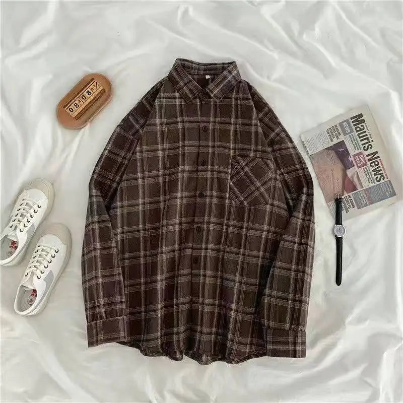 Vintage Plaid Shirts Women Autumn Long Sleeve Oversize Button Up Shirt Korean Fashion Casual Fall Outwear Tops Blusas Mujer
