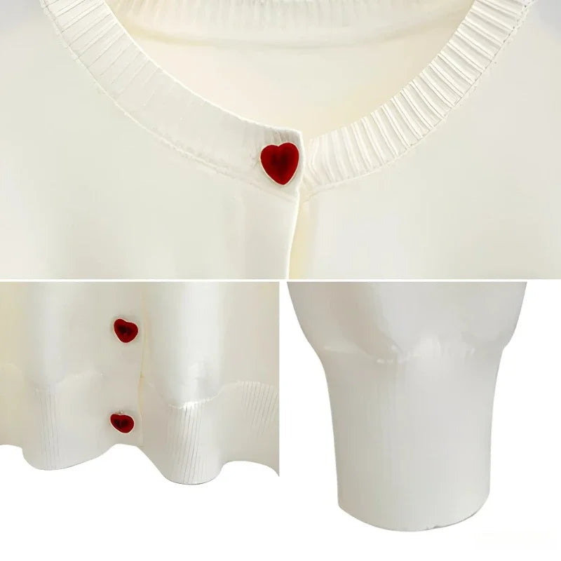 Women O-Neck Single Breasted Heart Button Sweater 2025 Bow Embroidery Knitted Cardigan Korean Casual Solid Tops Woman Clothes 45