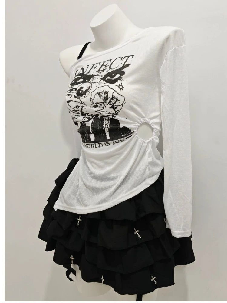 2000s Aesthetic Sweet Retro Women Clothes 2 Piece Set Chic Off Shoulder Tops + Black Fluffy Skirt Korean Popular Outfits Summer