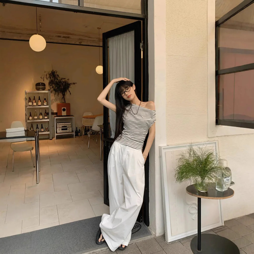 2025 Summer Striped Sexy T-shirt Women Slim Skinny Short Sleeve Y2K Korean Fashion Japanese Tee Shirt Woman Crop Tops Clothes