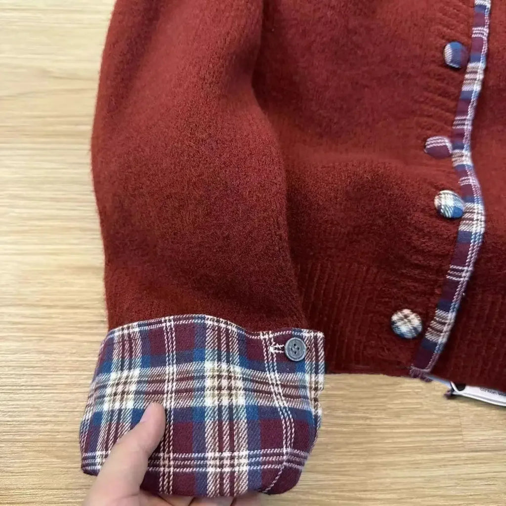 Korean fake two-piece round neck stitching plaid sweater women's autumn and winter clothes new loose casual Joker cardigan top