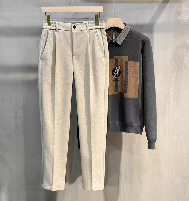 Men's Woolen Straight Leg Pants Autumn Winter Thiened Casual Long Trousers Faionable Korean Sle Nine Points Pants