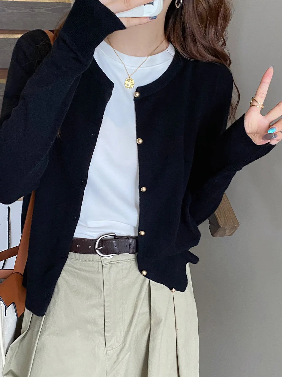 Solid Color Knitted for Women Cardigan Korean Single Breasted Long Sleeve Jumper Woman Round Neck All Match Cardigans Outwear
