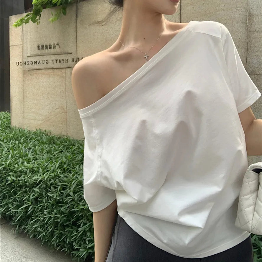 2025 Summer Off Shoulder T-shirt Women Sexy Y2K Korean Fashion Crop Tops Woman Vintage Japanese White Tee Shirt Femme Clothes